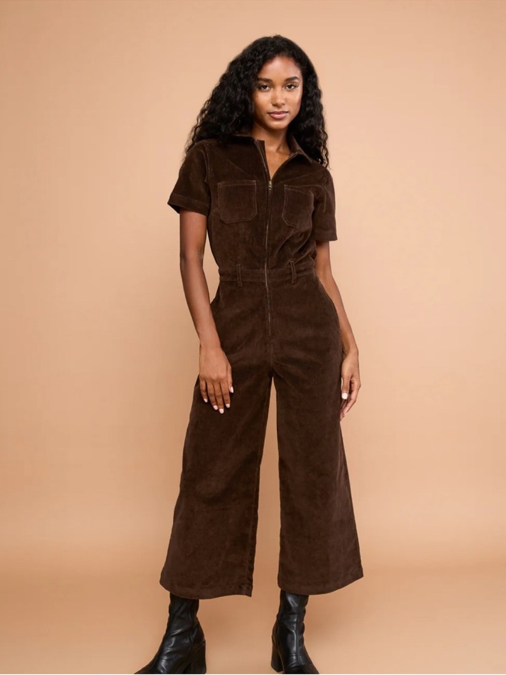 MIXED by Nasrin Quincy Jumpsuit Coffee Corduroy Size Large Brown Wide Leg